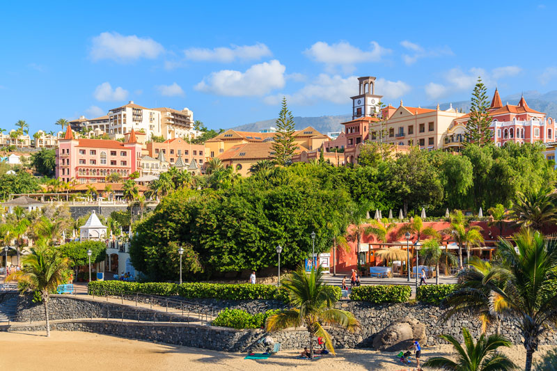 A view of luxury hotels on El Duque beach on southern coast of Tenerife, Canary Islands, Spain